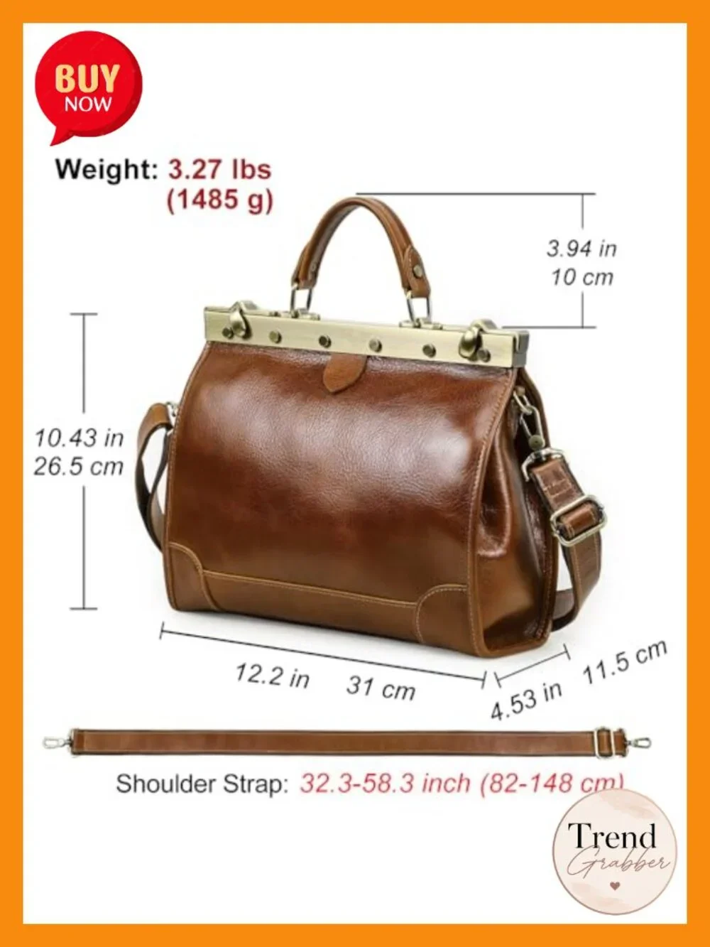 Full Grain Leather Doctor Bag Purse Top Handle Handbag Vintage Satchel Shoulder